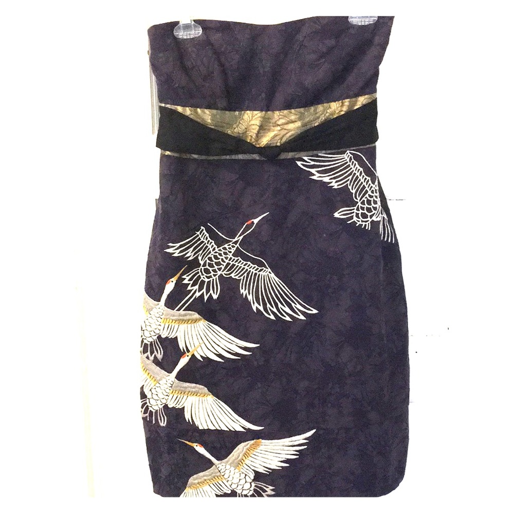 Floreat navy bird strapless dress
